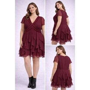 Speechless Burgundy Ruffle Dress Small Beaded V Neck Chiffon
